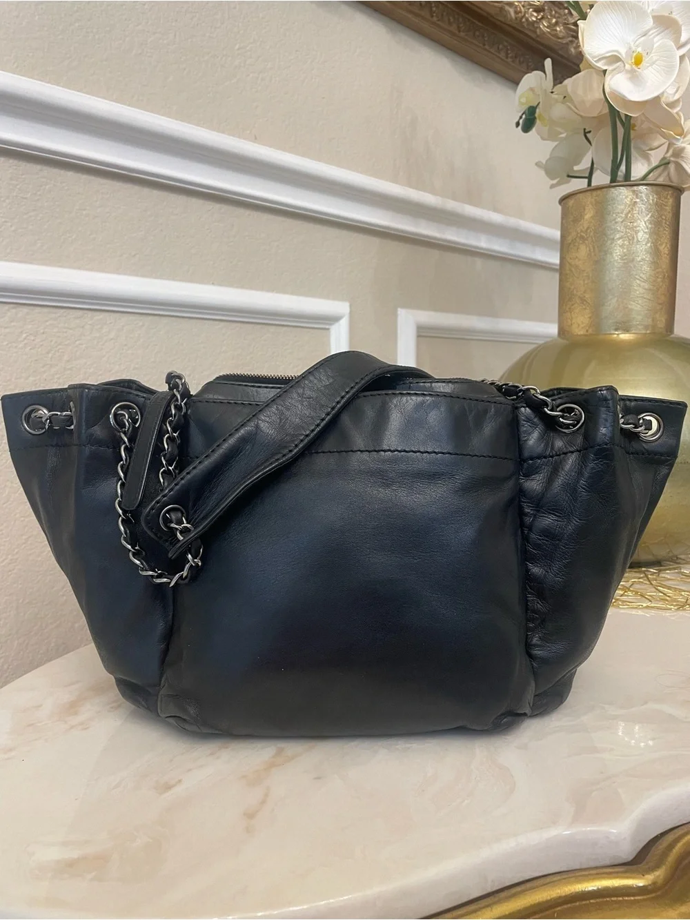 Chanel black large LAX lambskin shoulder bag gunmetal silver hardware plaque